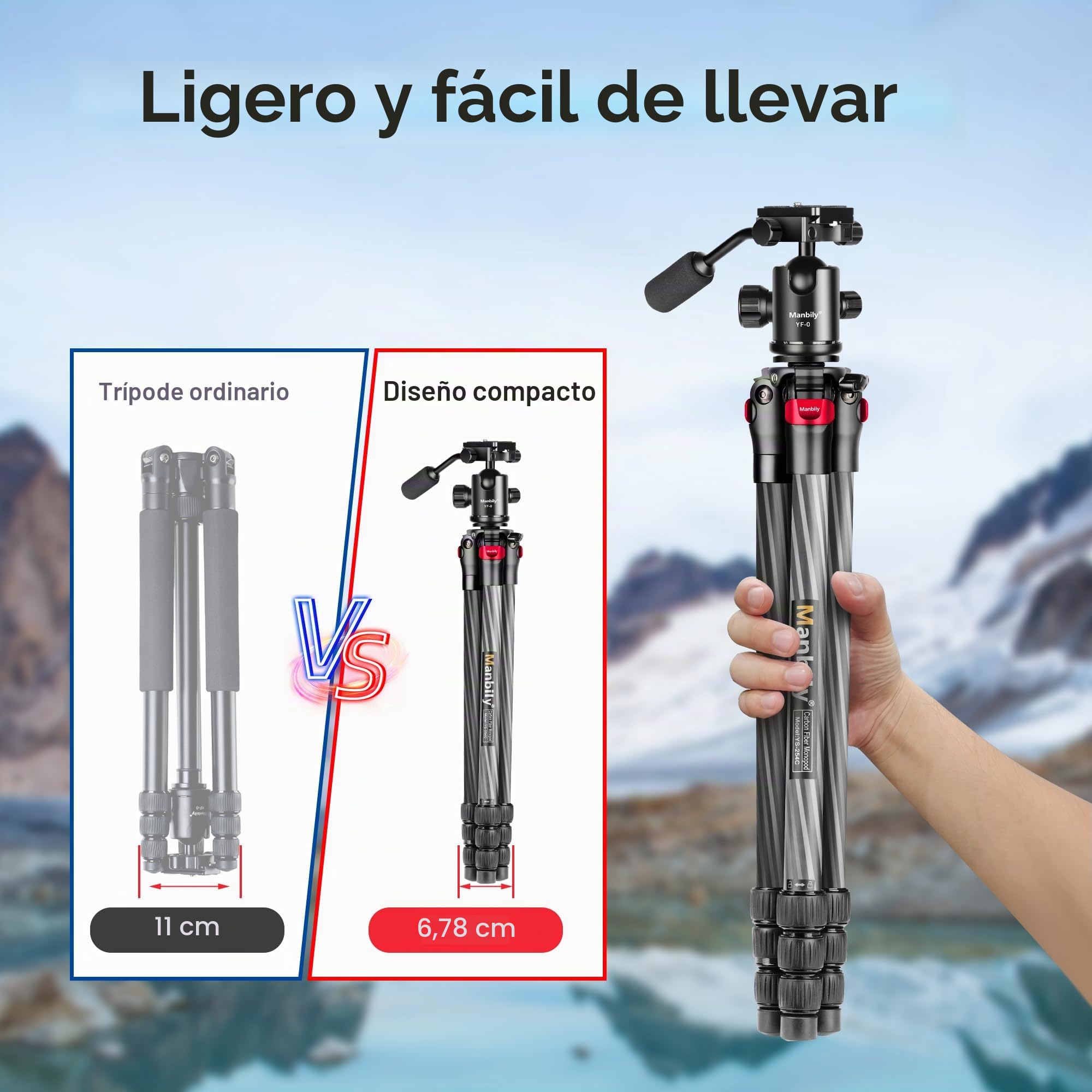 Trípode de Cámara Manbily 162cm Tripode para Movil Monopie Portátil para Viaje Trípode Camara DSLR Ligero Fotografía Monopié de Fibra de Carbono con 360° Panorámica Rótula de Bola Video (YS-254C+YF-0)