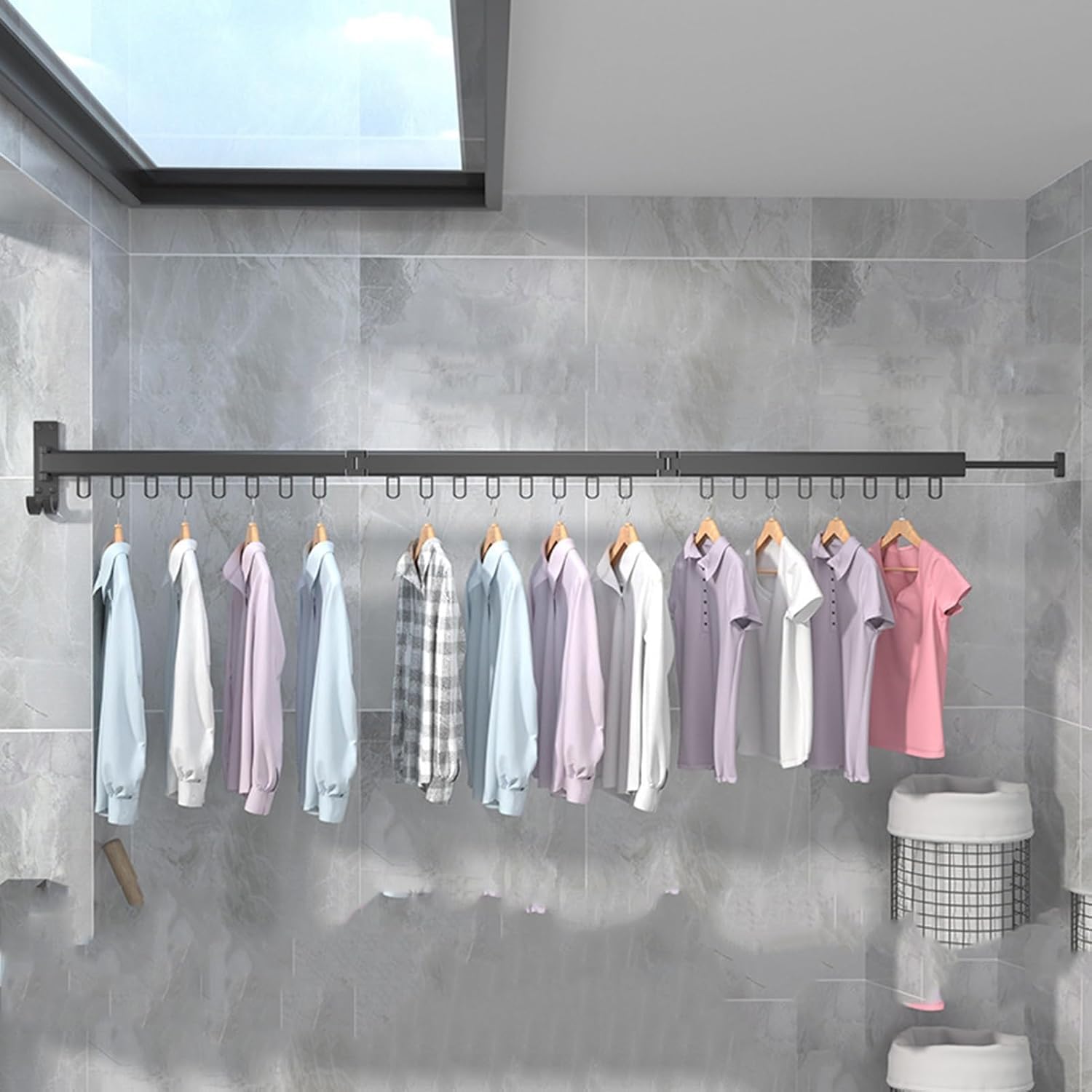 Space-Saving Wall-Mounted Clothes Drying Rack - Retractable Pull-Out Hanger Rail for Balcony, Universal Folding Design, Efficient Clothes Airer with Hangers A 3 Rails