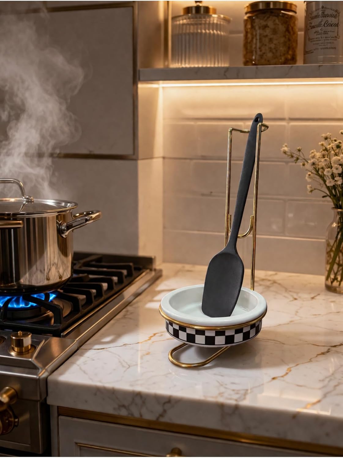 SODEF Ceramic Utensil Holder with Metal Accents - Decorative Kitchen Countertop Organizer for Spoons, Spatulas - Black Damask Gold - Handcrafted - Siyah Gold