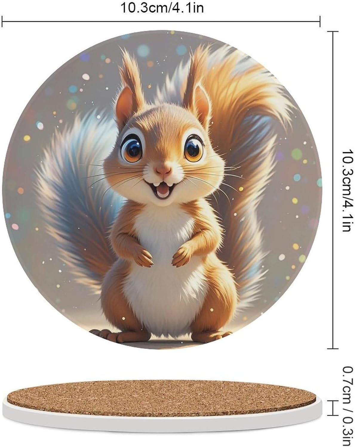 6PCS Squirrel Coasters Non-Slip Round Drink Coasters with Ceramic Stone and Cork Base, Heat Resistant Absorbent 33.00Stone Coaster Set for Kinds of Mugs and Cups, 4 Inch