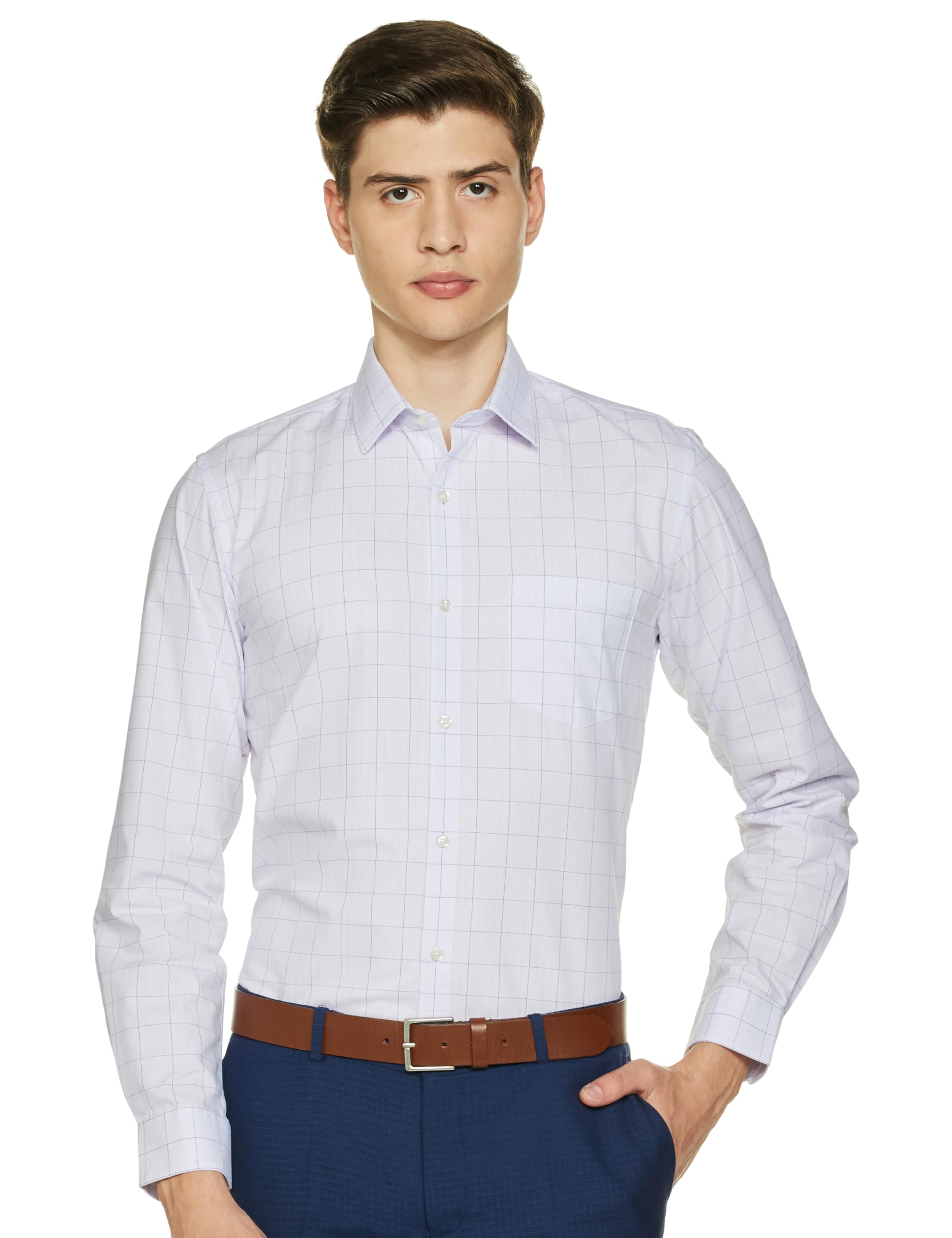 Peter EnglandMen's Classic Wonder Fabric Checkered Slim Fit Formal Shirt | Cotton Rich | Pin Point Oxford