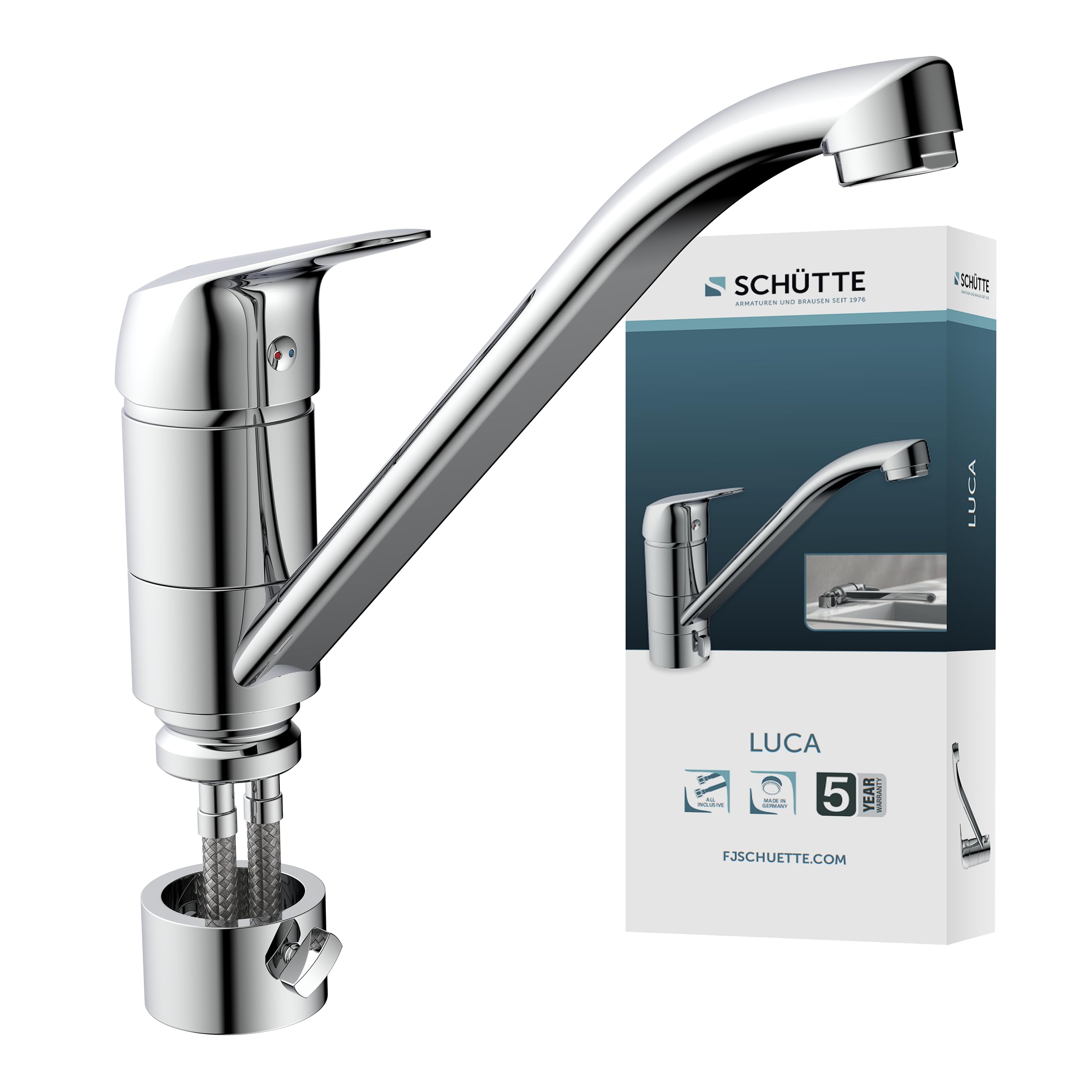 SCHÜTTE LUCA MB35210 - Grifo de cocina extraíble para fregadero de cocina, grifo mezclador para debajo de la ventana, grifo de cocina para el fregadero de la ventana, mangueras flexibles, cromo
