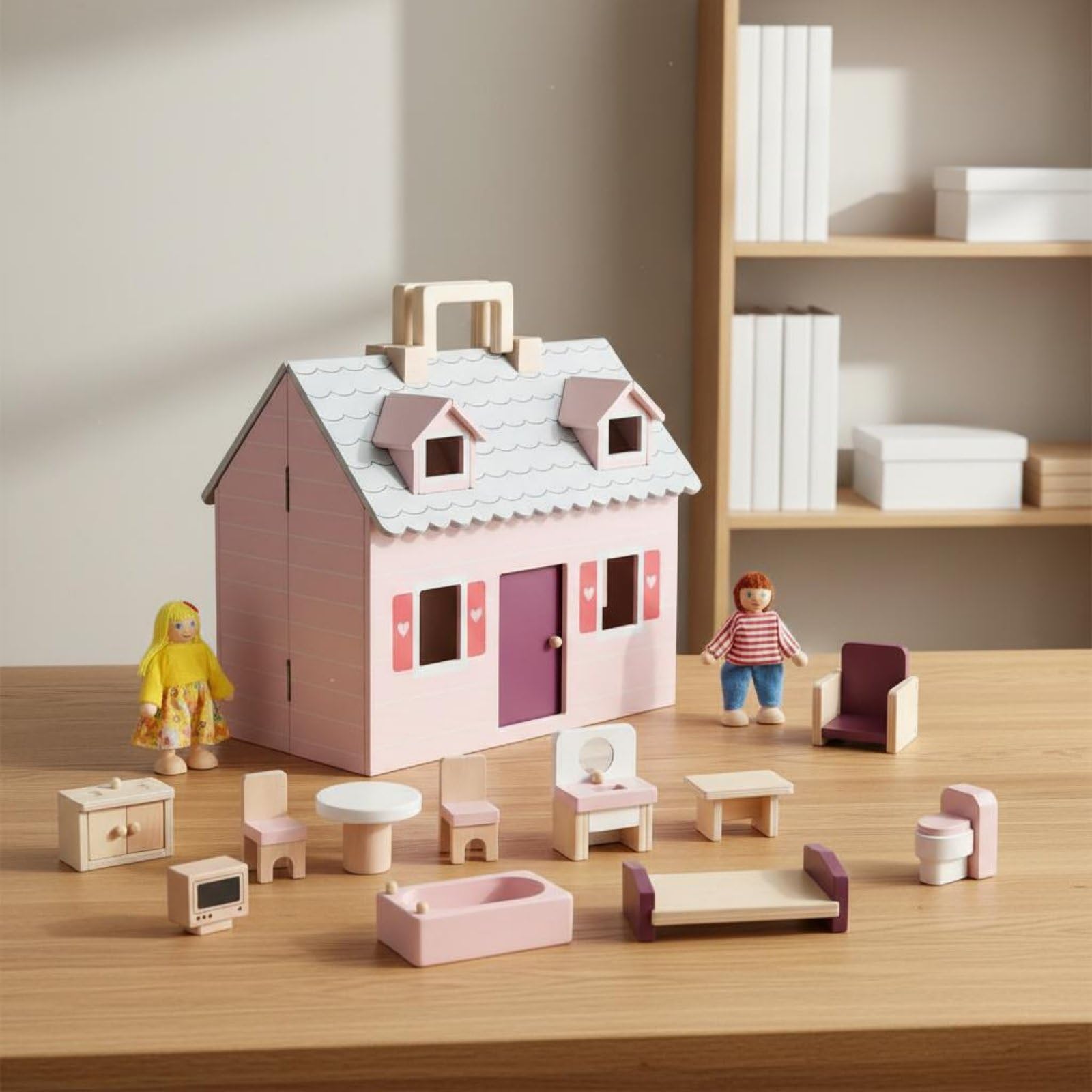 Casa Giocattolo Bambini Casa Bambola Mobili Personaggi Accessori Portatile Pieghevole Vernice a Maniglia Elastico per Porta Adatta a Viaggio Auto Nonni Festa Bambini
