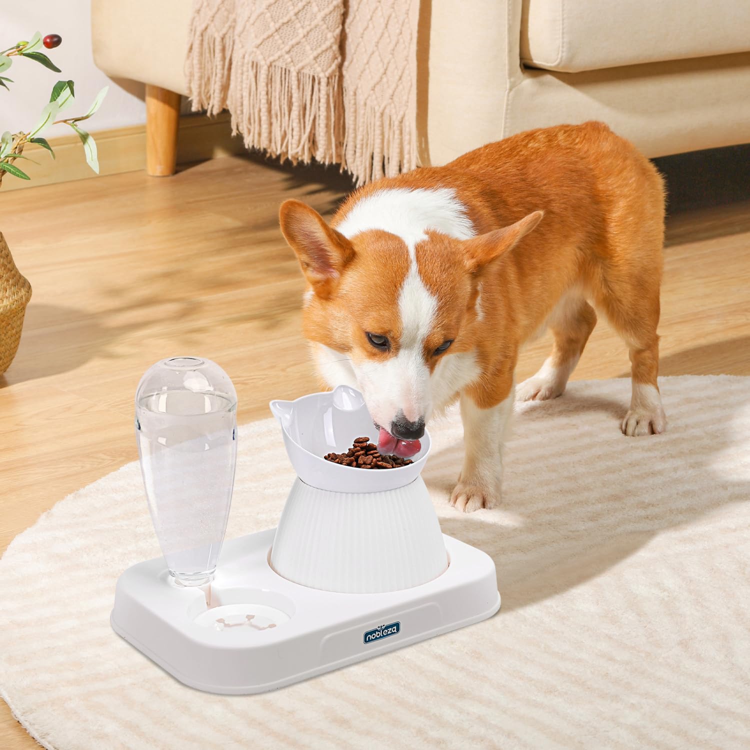 Nobleza Ciotole per Gatti Rialzate, Set 2 in 1 con Dispensatore Automatico Acqua e Feeder Lento, Inclinazione 15°, Bianco