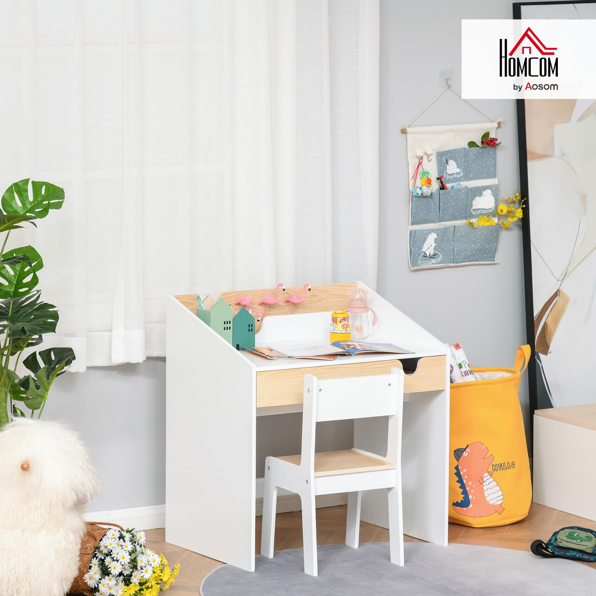 HOMCOM Set Scrivania e Sedia per Bambini, Tavolo con Cassetto e Scaffale, Mobili per Cameretta con Angoli Arrotondati, per Età 6-10 Anni, Bianco e Legno