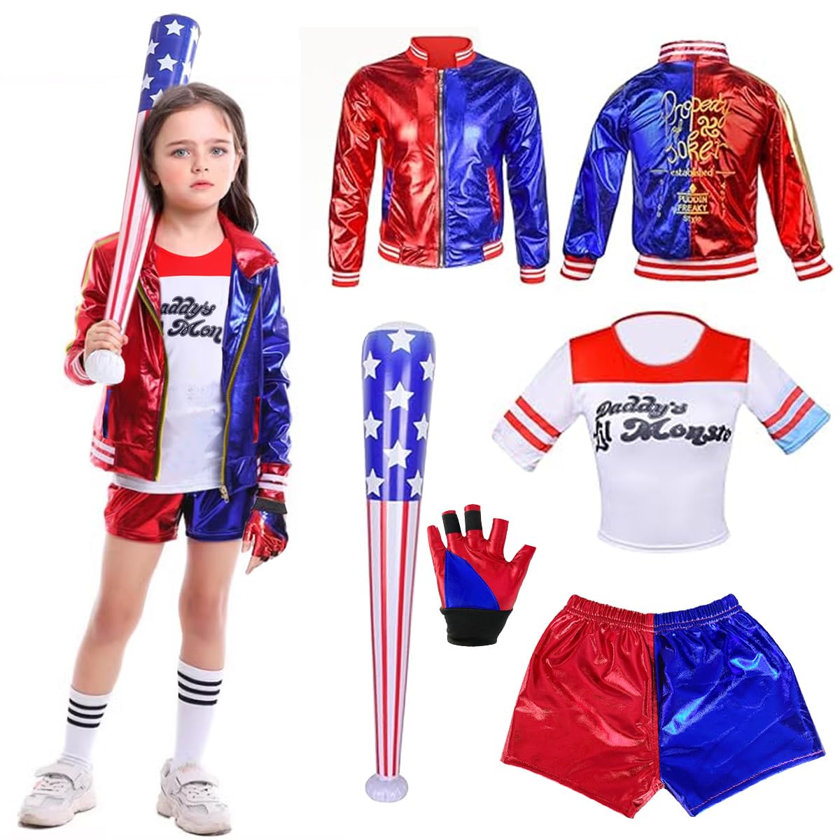 XLZJYIJ Disfraz de Harley Quinn para Niña, Disfraz de Cosplay Quinn Niñas con Camiseta, Chaqueta, Pantalón, Guantes, Béisbol Hinchable para Fiesta Halloween Carnaval