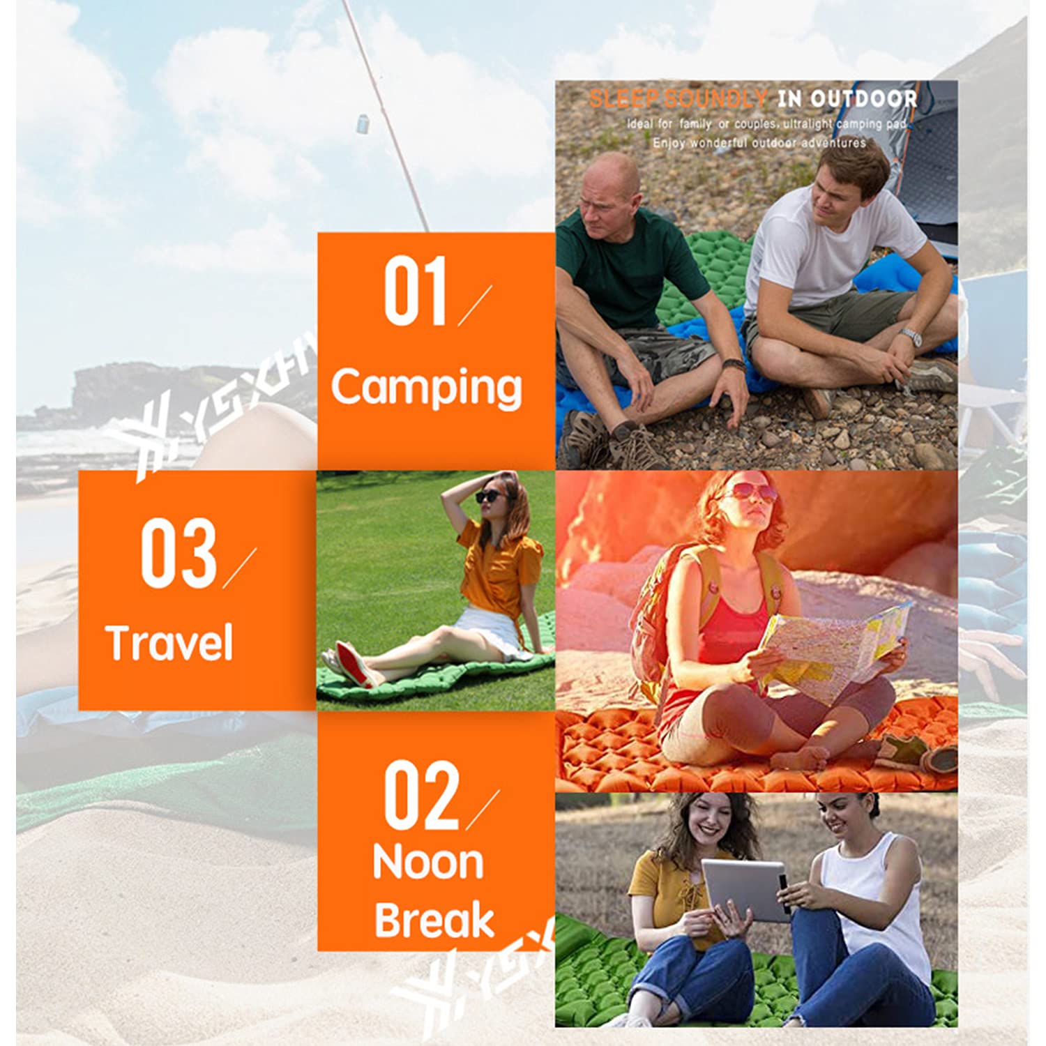 Tapis de Camping Coussin Couchage Matelas Gonflable Portable Imperméable Camping Sleeping Pad avec Sac Rangement Pompe à Pied Voyage Randonnée