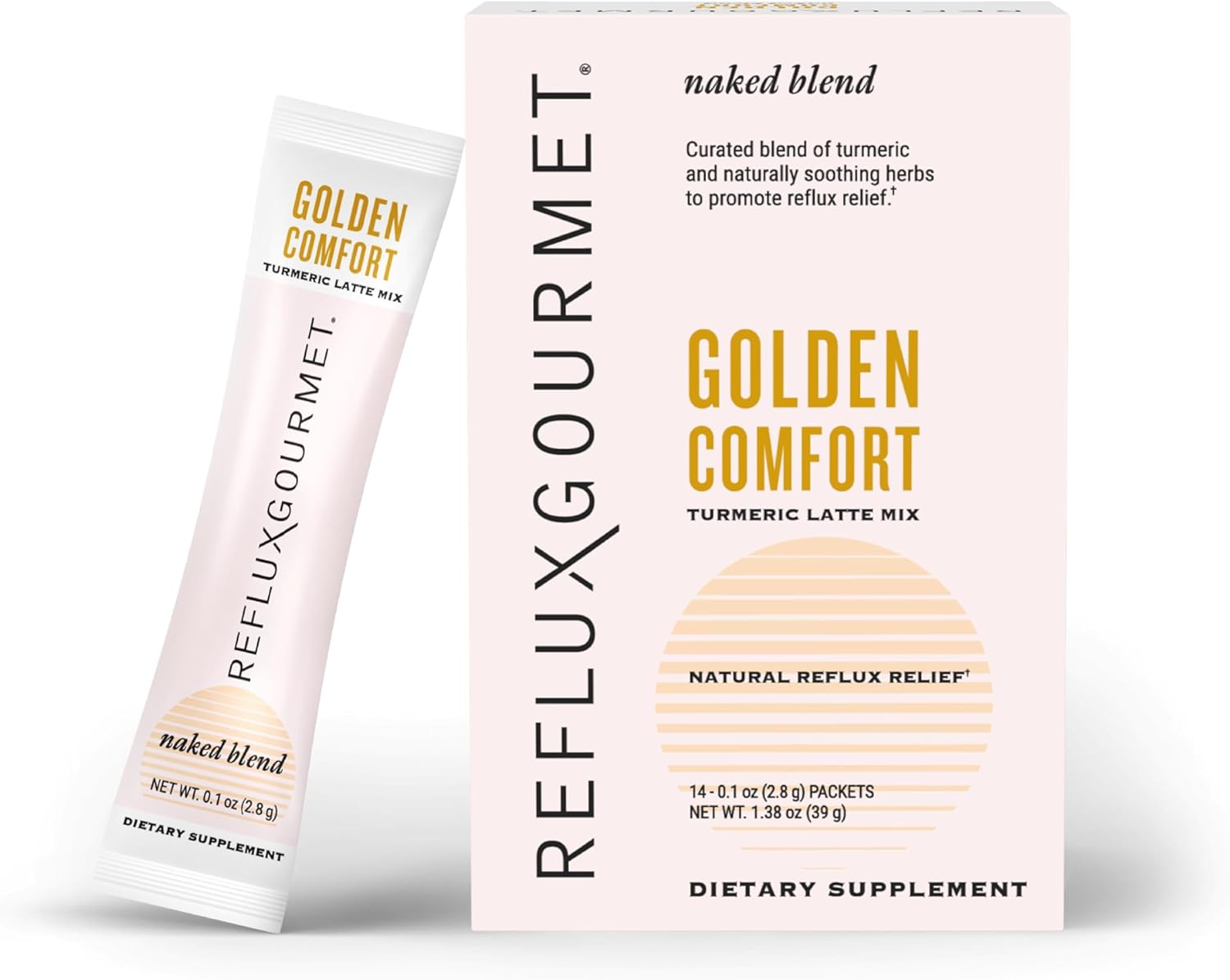 REFLUX GOURMET Golden Comfort Turmeric Latte Mix–Natural Reflux Relief, Turmeric and Clinical Black Pepper Extract–Enhanced Absorption 95% Curcuminoids–Organic Ginger, Cinnamon, Cardamom, Clove–14 ct