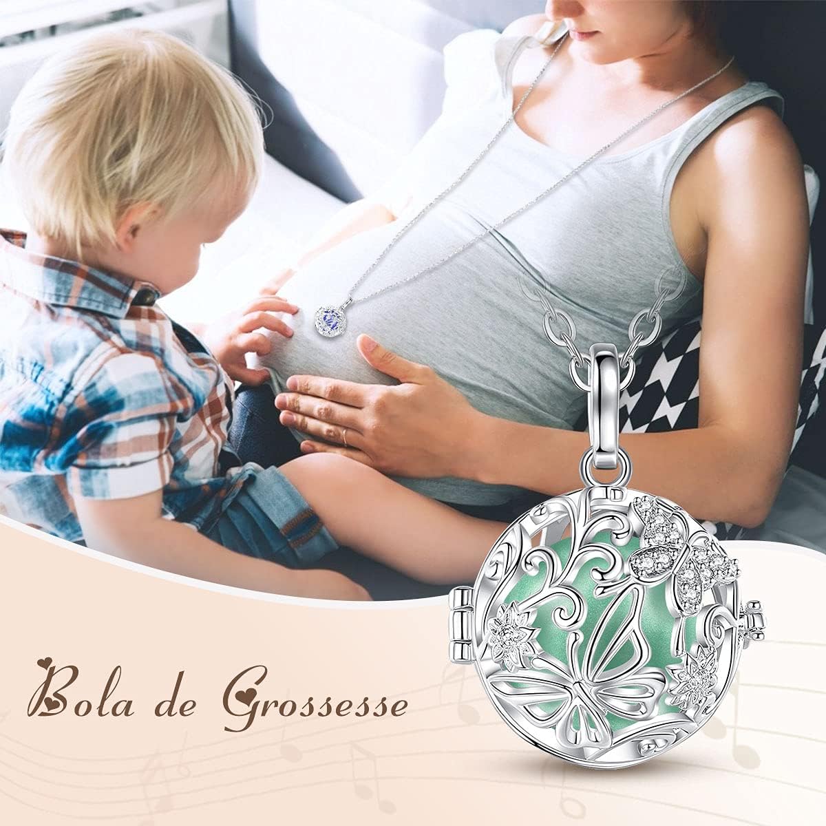 AEONSLOVE Harmony Ball Necklace for Pregnancy Gifts, Angel Chime Caller Bola Butterfly Pendant Necklace for Women Maternity Mom to be Jewelry, 30 & 45 Inch Chains