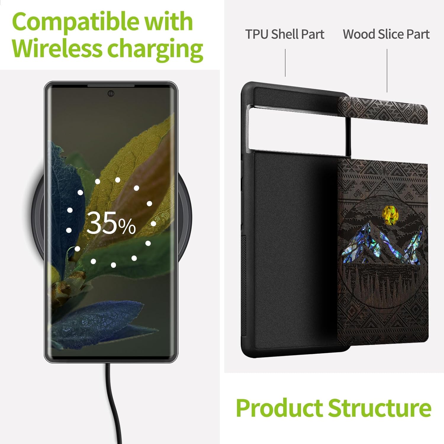 Carveit Designer Wooden Case for Google Pixel 8 Case Protective Cover [Wood Engraving & Shell Inlay] Compatible with Wireless Chargers Pixel 8 (Aztec Alpine Lakes-Blackwood)