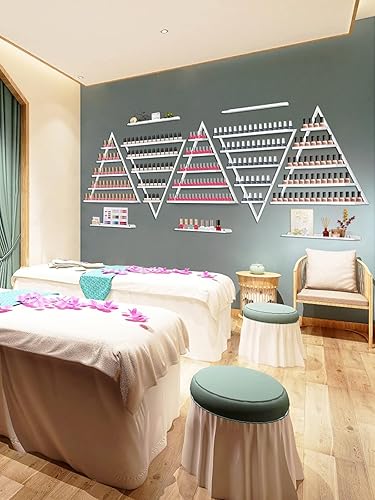 Miniatura 2 de Lorvain - 10 estantes de almacenamiento de esmalte de uñas de metal para montaje en pared, 5 niveles, color blanco, triangular, vitrina de