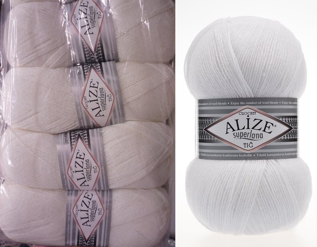25% Wool 75% Acrylic Yarn Alize SuperLana TIG Crochet Lace Thread Hand Knitting Yarn Craft Arts Lot of 4 skeins 400gr 2492 yds Color 55 White