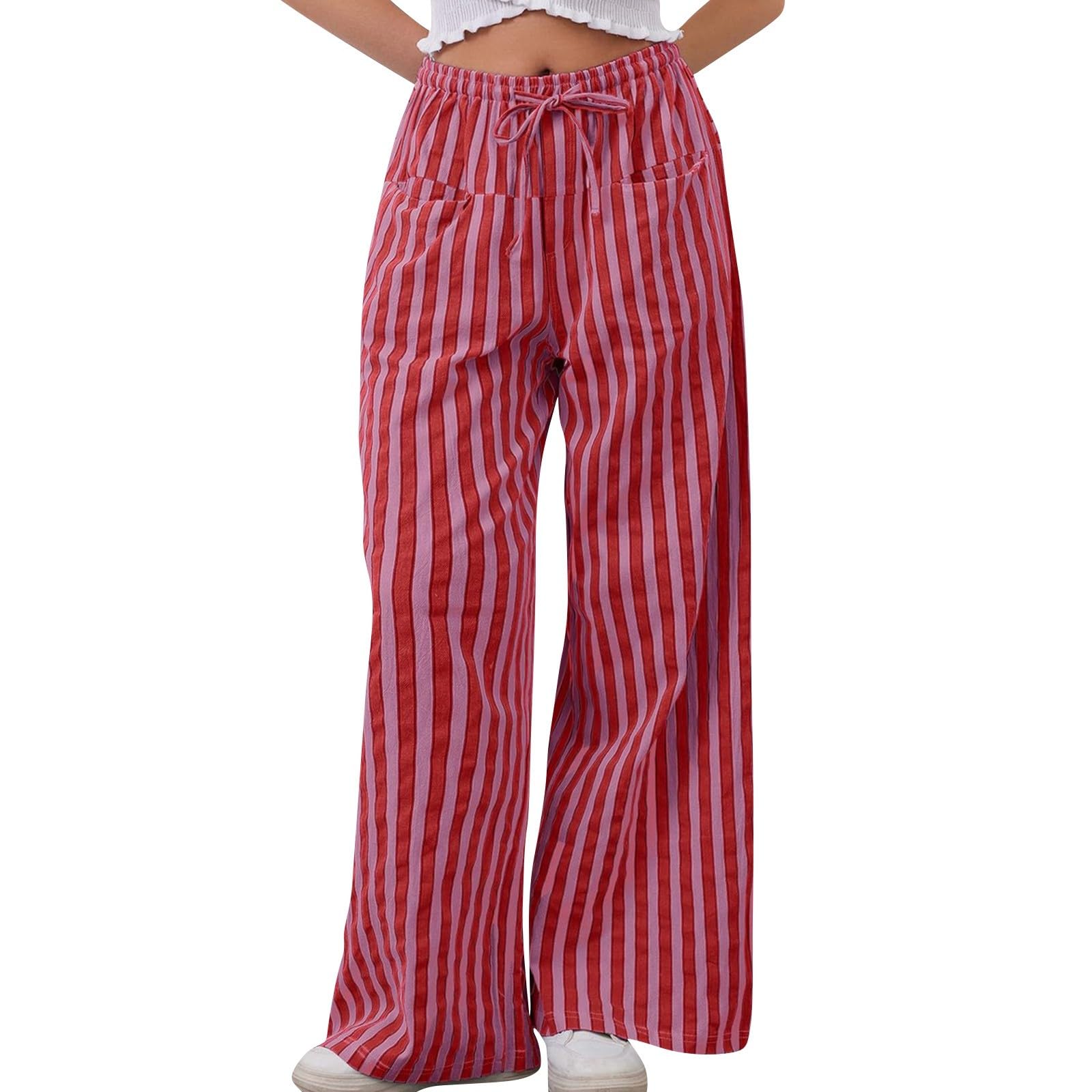 fanmpghleoo Wide Leg Striped Pants Women Trendy Casual Cute Beach Pants Loose Lounge Pant Elastic Waist Colorful Boxer