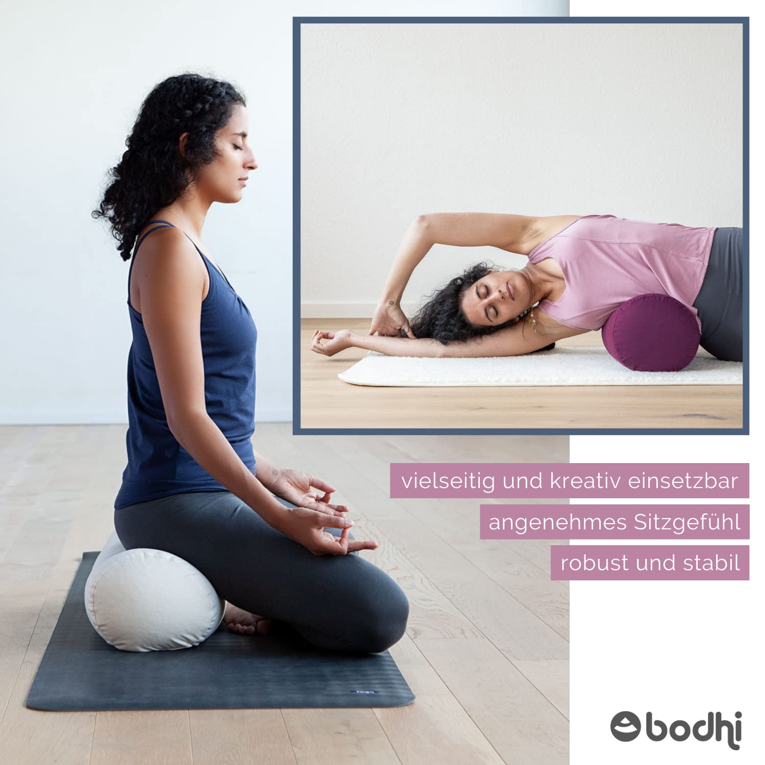 Bodhi Coussin de yoga | Série Eco | Rouleau de yoga avec rembourrage en kapok | Housse lavable en 100 % coton bio | Coussin de yoga pour yoga restaurable | Grand 65 x 22 cm
