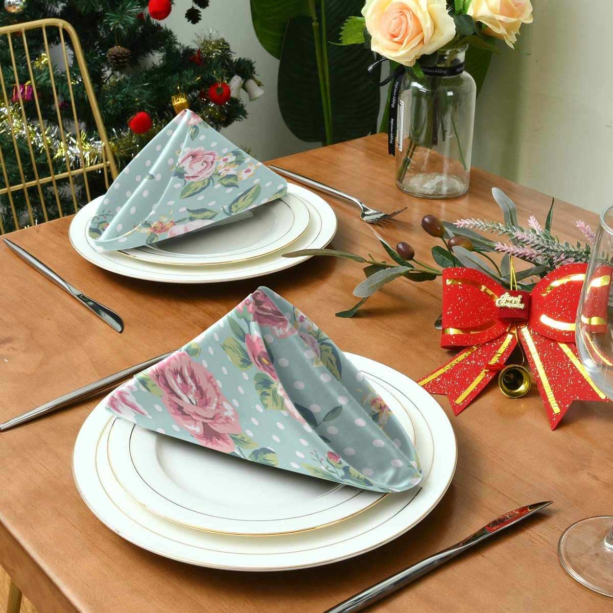 MNSRUU tovaglioli di stoffa, fiori di ciliegio e rami, rosa in poliestere, per cena, per vacanze, Capodanno, matrimonio, decorazione