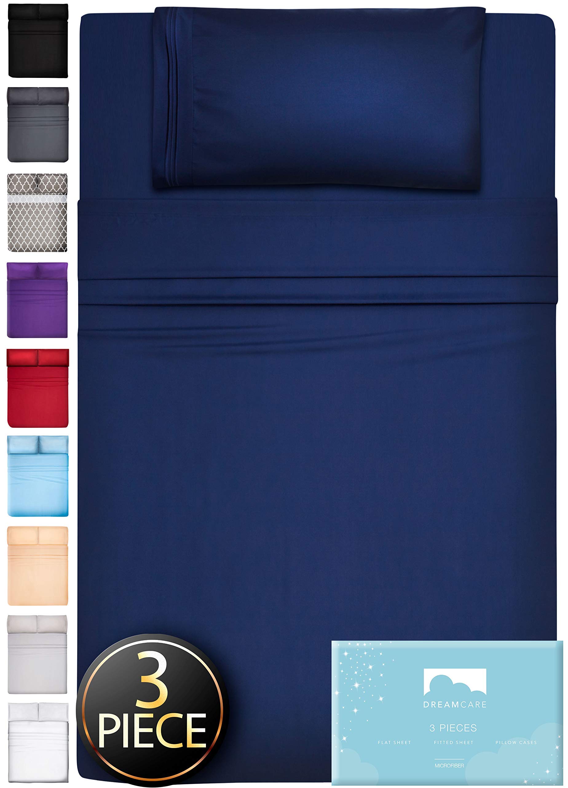 DREAMCARETwin Sheets Set – 3pcs Cooling Sheets – up to 15” Deep Pocket Twin Sheet Set – Hotel Luxury Sheets & Pillowcases – Superior Softness 100% Fine Microfiber with Side Pocket – Navy Blue