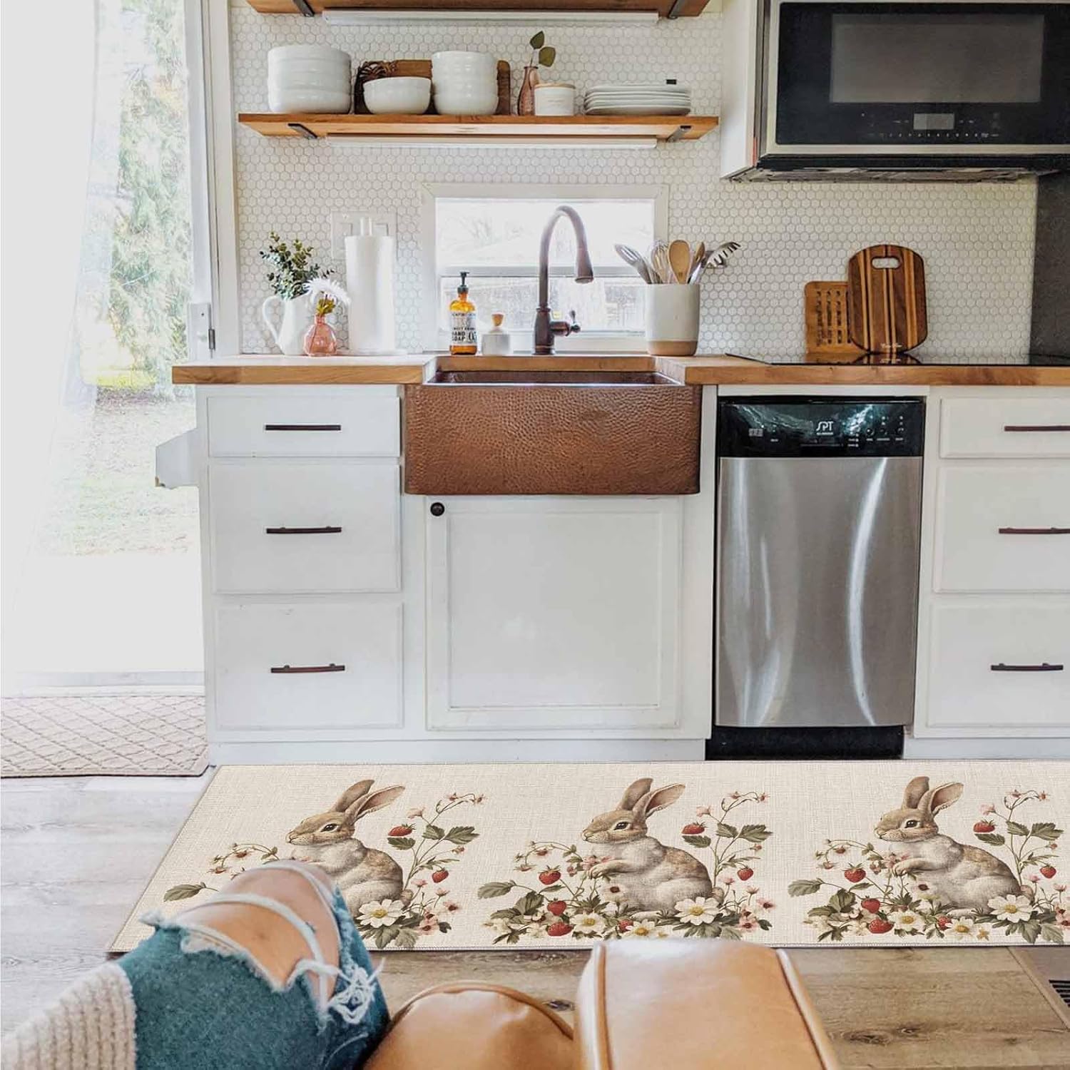 2 Pieces Kitchen Rugs and Mats,Watercolor Easter Rabbit Strawberry Flower Area Runner Rug Set Non Slip Floor Doormat Washable Carpet Standing Mat for Kitchen Sink Indoor Corridor,Retro Farm Animal