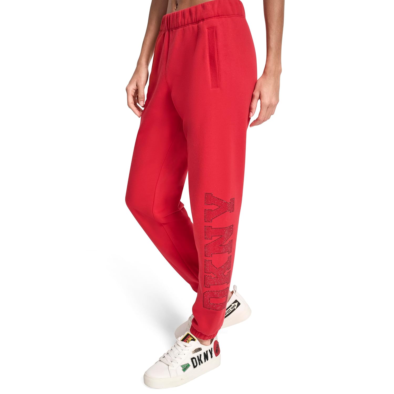 DKNY Womens Exploded Rhinestone Varsity Logo High Rise Relaxed with Pockets - Image 2