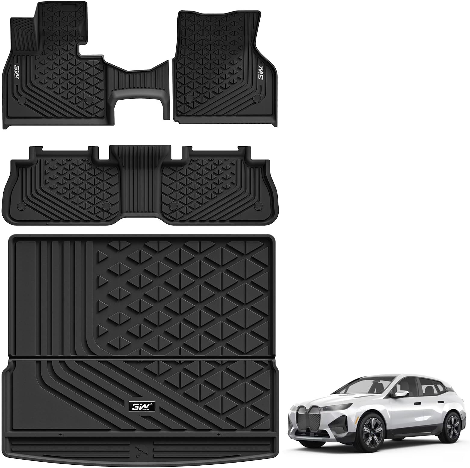 3W BMW iX Floor Mats & Cargo Liner 2022 2023 2024 2025 2026, xDrive45/50/60 M60 M70, All Weather TPE Custom Fit Floor Liner, 1st 2nd Rows & Trunk Mat Full Set Car Accessories