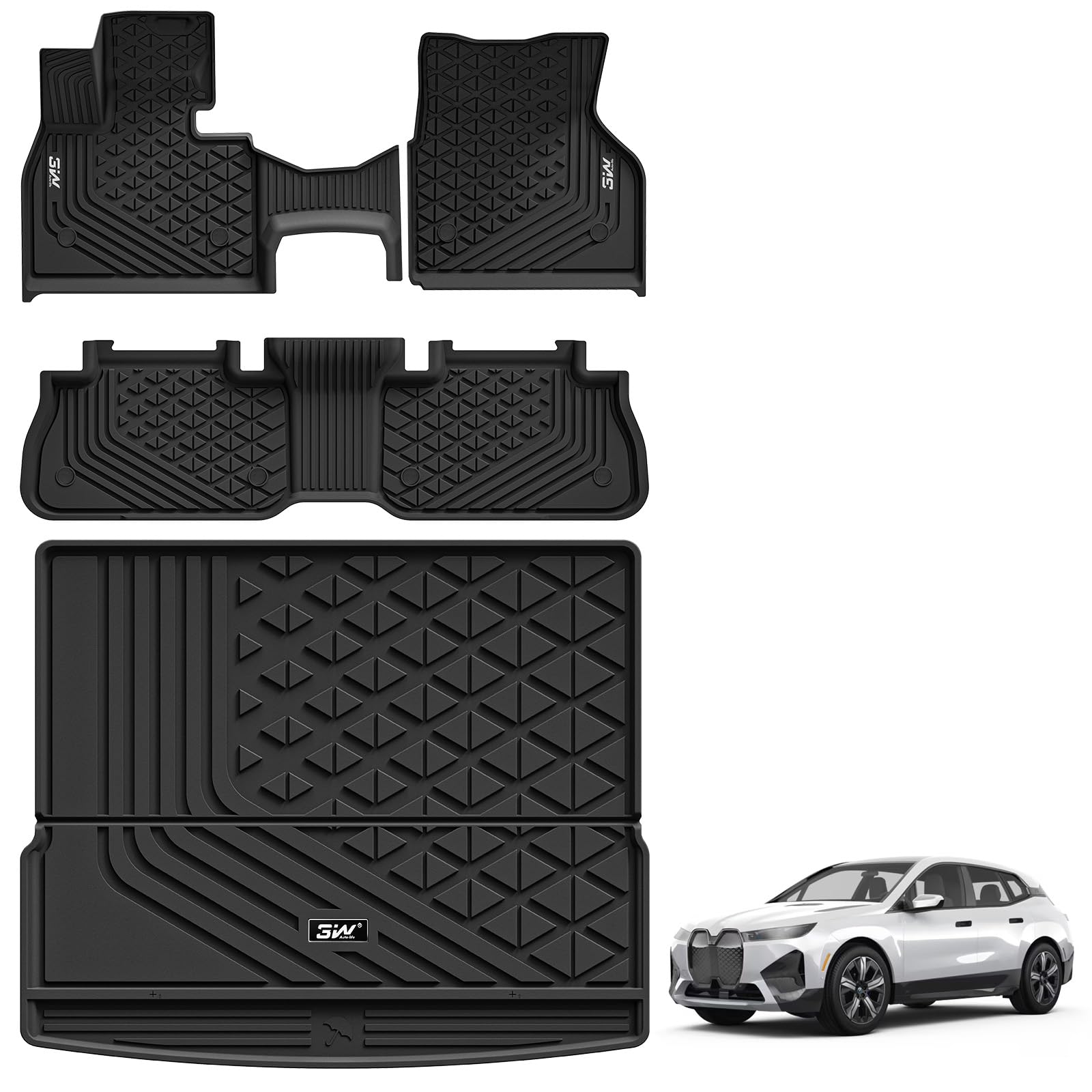 3W BMW iX Floor Mats & Cargo Liner 2022 2023 2024 2025 2026 All Weather TPE Custom Fit Floor Liner for 1st 2nd Rows and Trunk Mat Full Set Car Accessories