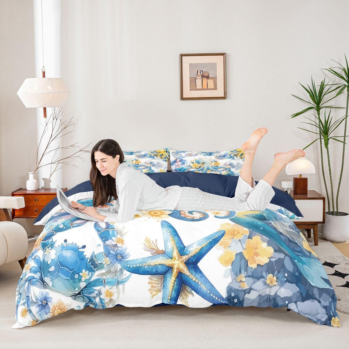 Homewish Set di biancheria da letto per letto super king size con motivo a tentacoli di polpo e sirena, con delfini, stelle marine, aragoste, animali