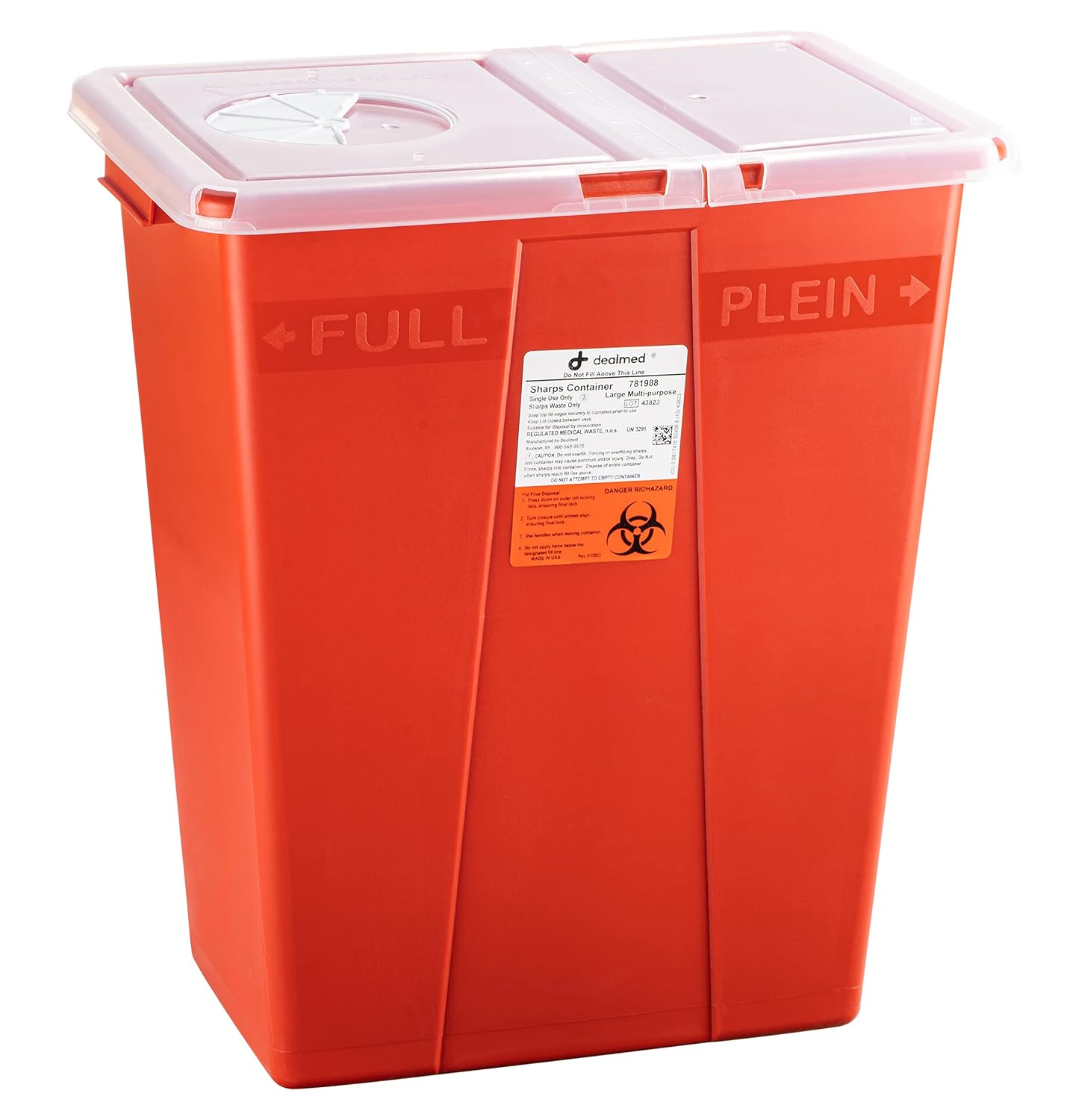 Dealmed Sharps Container, 8 Gallon (Case of 10) Hinged Lid, Red