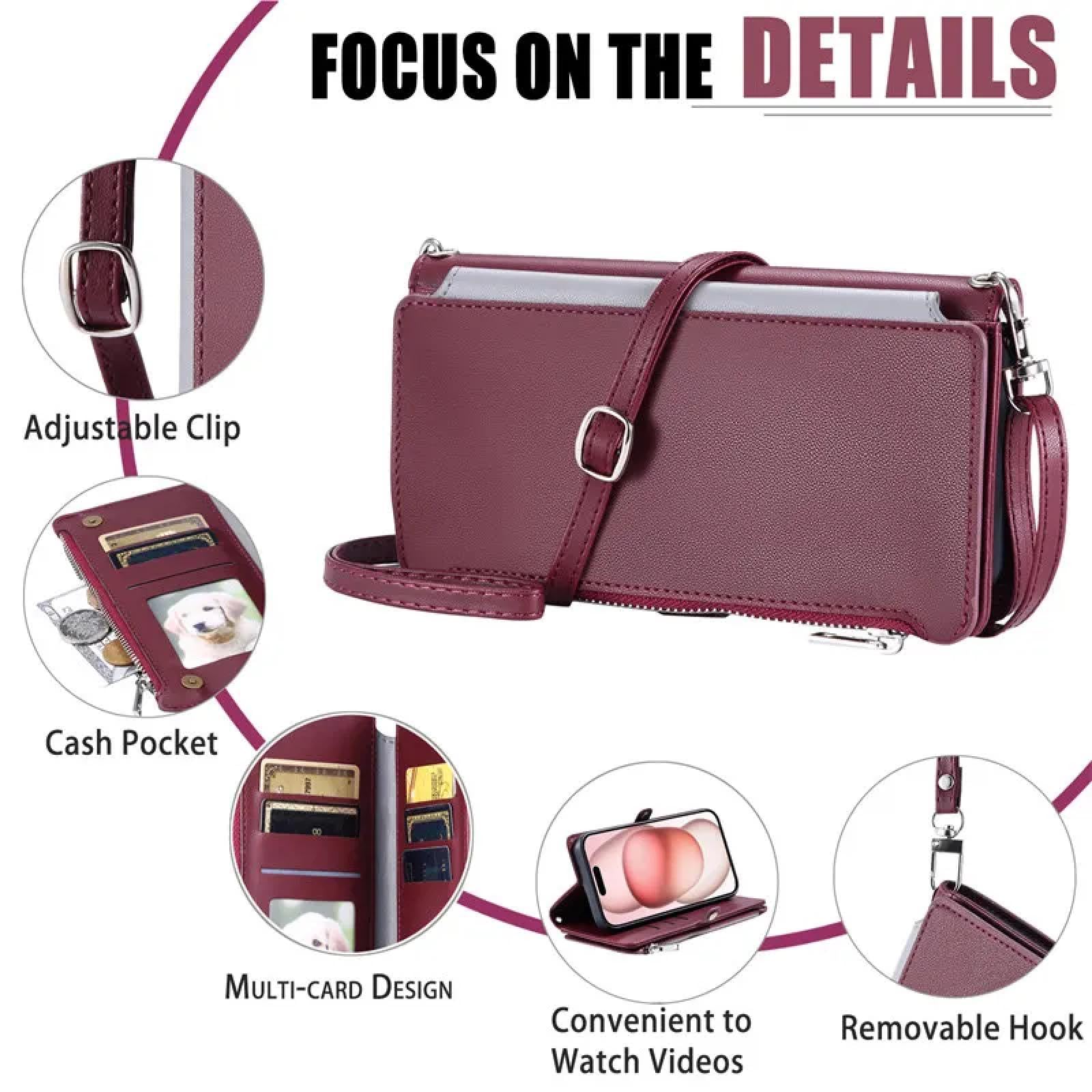 Do iPhone'a 15 Crossbody skórzany portfel z zamkiem błyskawicznym, etui na telefon, smycz, etui z klapką (do iPhone'a 15/różowy)