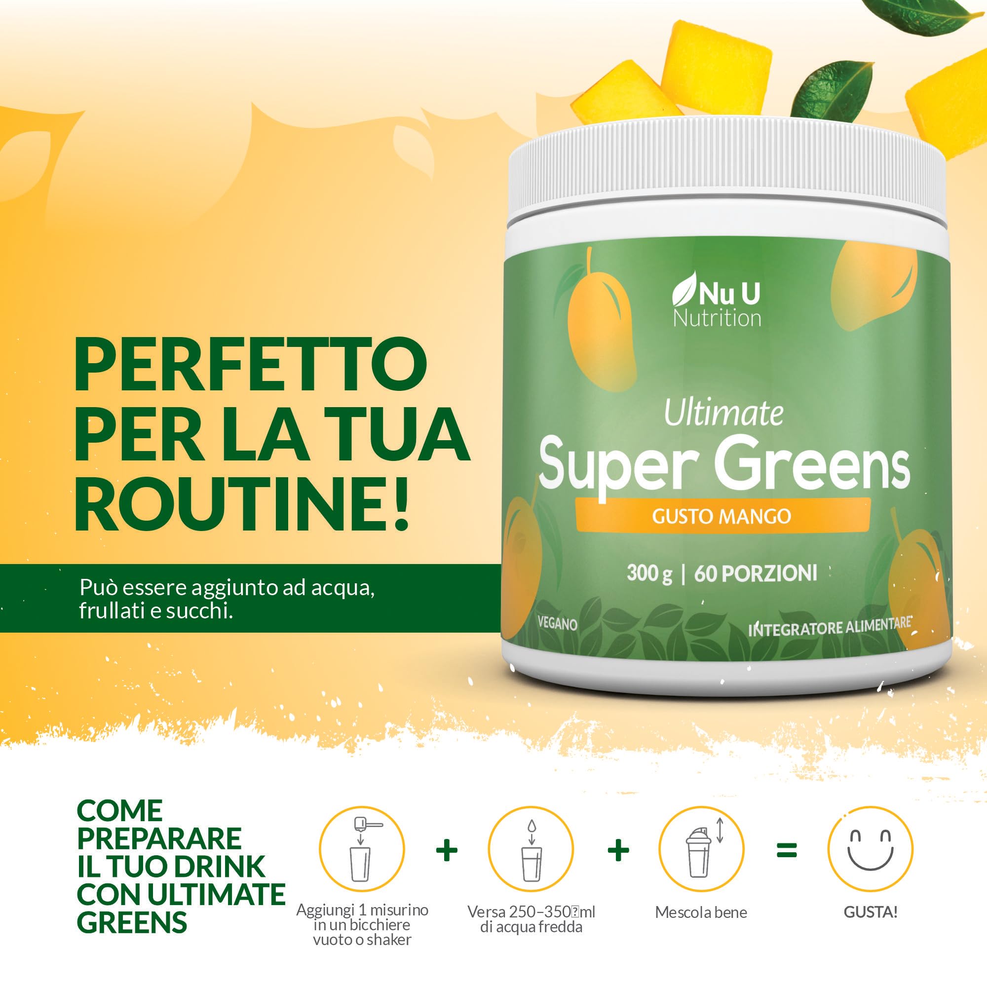 Super Greens | Mango | Polvere 300g – 17 Ingredienti Superfood Attivi – 60 Porzioni – Con Inulina, Spirulina, Clorella, Radice di Maca – 100% Vegano – Nu U Nutrition