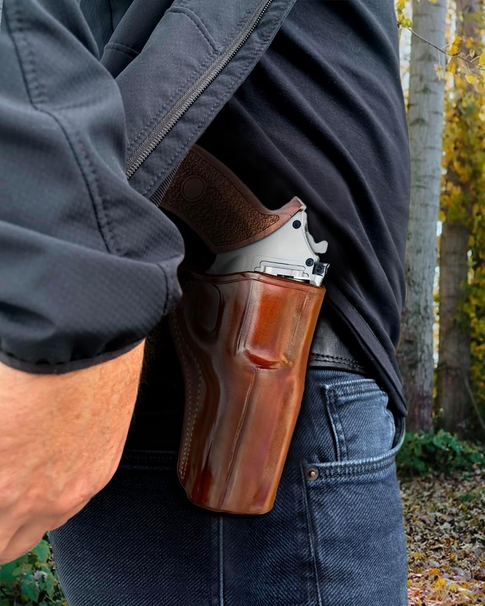 Masc Premium Leather OWB Paddle Holster with Open Top Fits Rhino 50DS .357 Mag/9mm 5-inch, Right Hand Draw, Brown Color #1265#