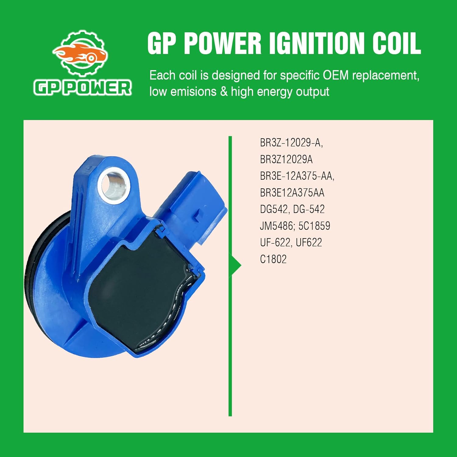 IGNITION COIL SET OF 8 BR3Z-12029-A BR3Z12029A BR3E-12A375-AA BR3E12A375AA 5C1859 UF622 UF-622 DG542 DG-542 COMPATIBLE WITH Ford F-150 F150 Mustang 5.0L V8