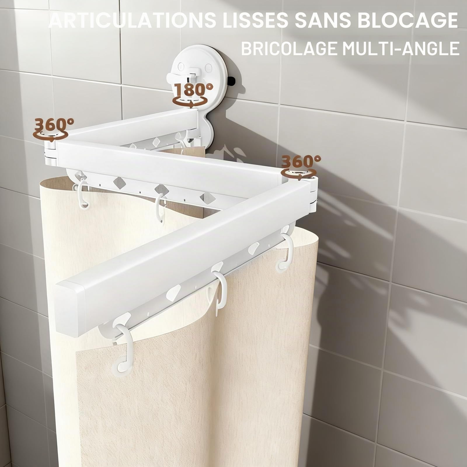 Tringle à rideau de douche pliable à 3 voies de 104 cm pour salle de bain sans perçage - Ventouse puissante - Angle réglable - Séchoir à linge rétractable
