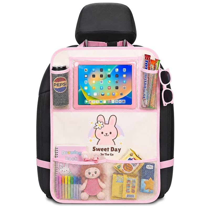 Organizador para Encosto de Banco Mochily com Suporte para Tablet de até 11 polegadas, Bolsos para Bebidas e Protetor de Banco Pink Rabbit