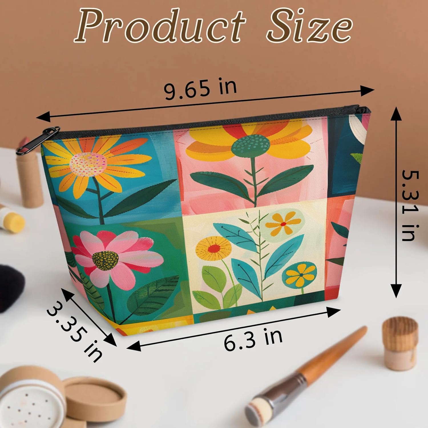 Bold Flower Canvas Small Cosmetic Bag for Travel, Waterproof Makeup Bag with 2 Mesh Pockets, Portable Toiletry Bag Mini Organizer for Gym, Business Trip, Camping - Image 4