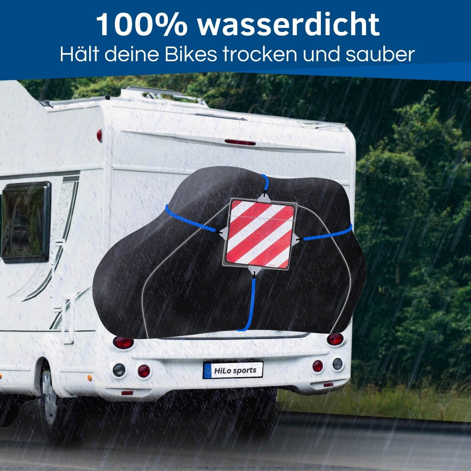 HiLo sports Fahrradschutzhülle Wohnmobil für 2 bis 3 Fahrräder - [Inkl. 2X Schnellspanner & 2X Spannseil] - Reißfeste E-Bike Abdeckplane für Wohnmobile - Fahrrad Transportschutz hinten offen