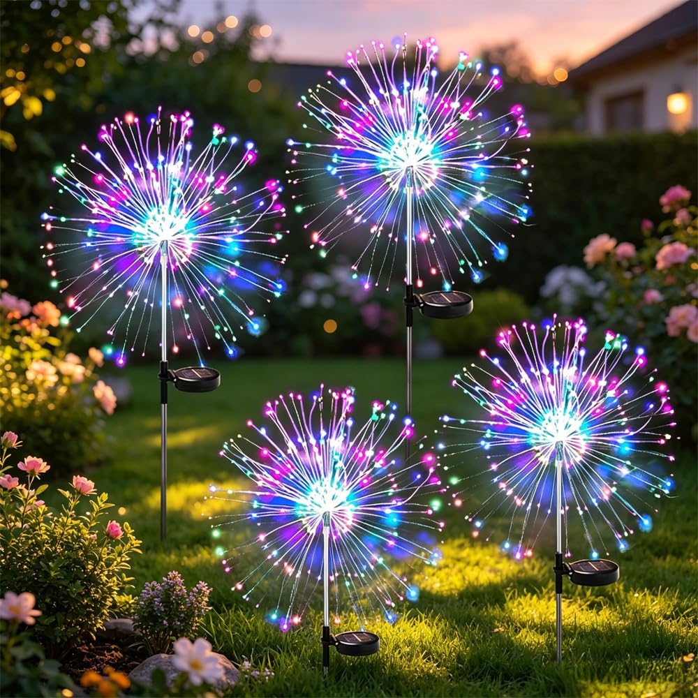SKIKHN Firework Solar Lights Outdoor Garden,4 Pack 8 Modes150 LED Solar Garden Lights Outdoor, Garden Ornaments Outdoor,Waterproof Firework Starburst Lamp for Yard Pathway Lawn Party Backyard