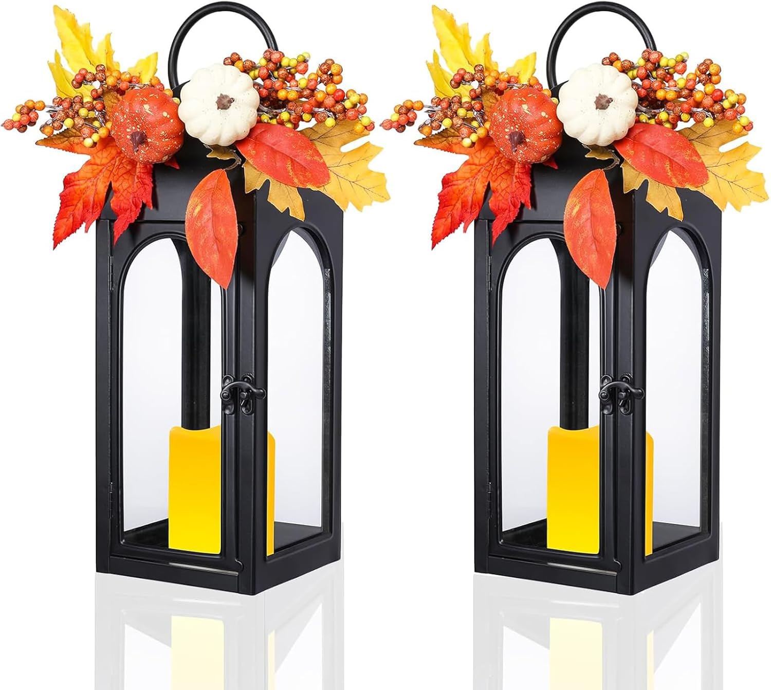 BDOR 2 Pack Fall Lanterns Decor with LED Candle  16" Stainless Steel & Tempered Glass Lanterns with Harvest Pumpkin Maple Leaf  Premium Thanksgiving Centerpiece for Indoor Outdoor Use