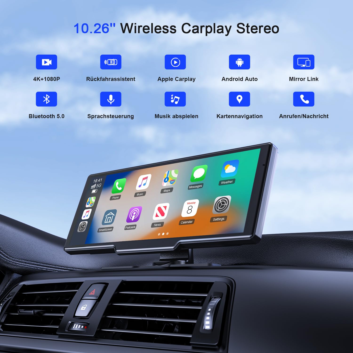 Avylet 9,26" Wireless CarPlay Display für Apple CarPlay & Android Auto | 4K Dashcam mit 1080P IP67 Rückfahrkamera CarPlay, 64GB Karte, OTA-Updates, GPS Navigation, Bluetooth 5.0, Mirror Link, FM/AUX