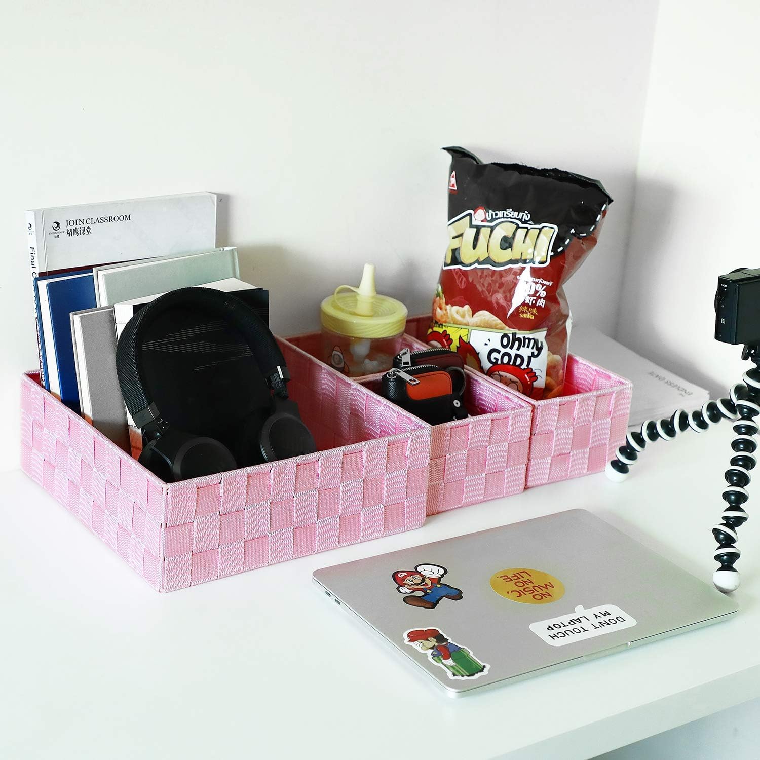Woven Basket Set, Drawer Organizer, Table Top Grocery Organizer, Multi-Colour, Imitation Rattan Style (Pink)