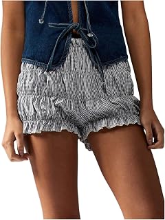 SweatyRocks Women's Ruffle Bloomer Shorts Ruched Plaid Print Low Waist Y2K Bubble Short