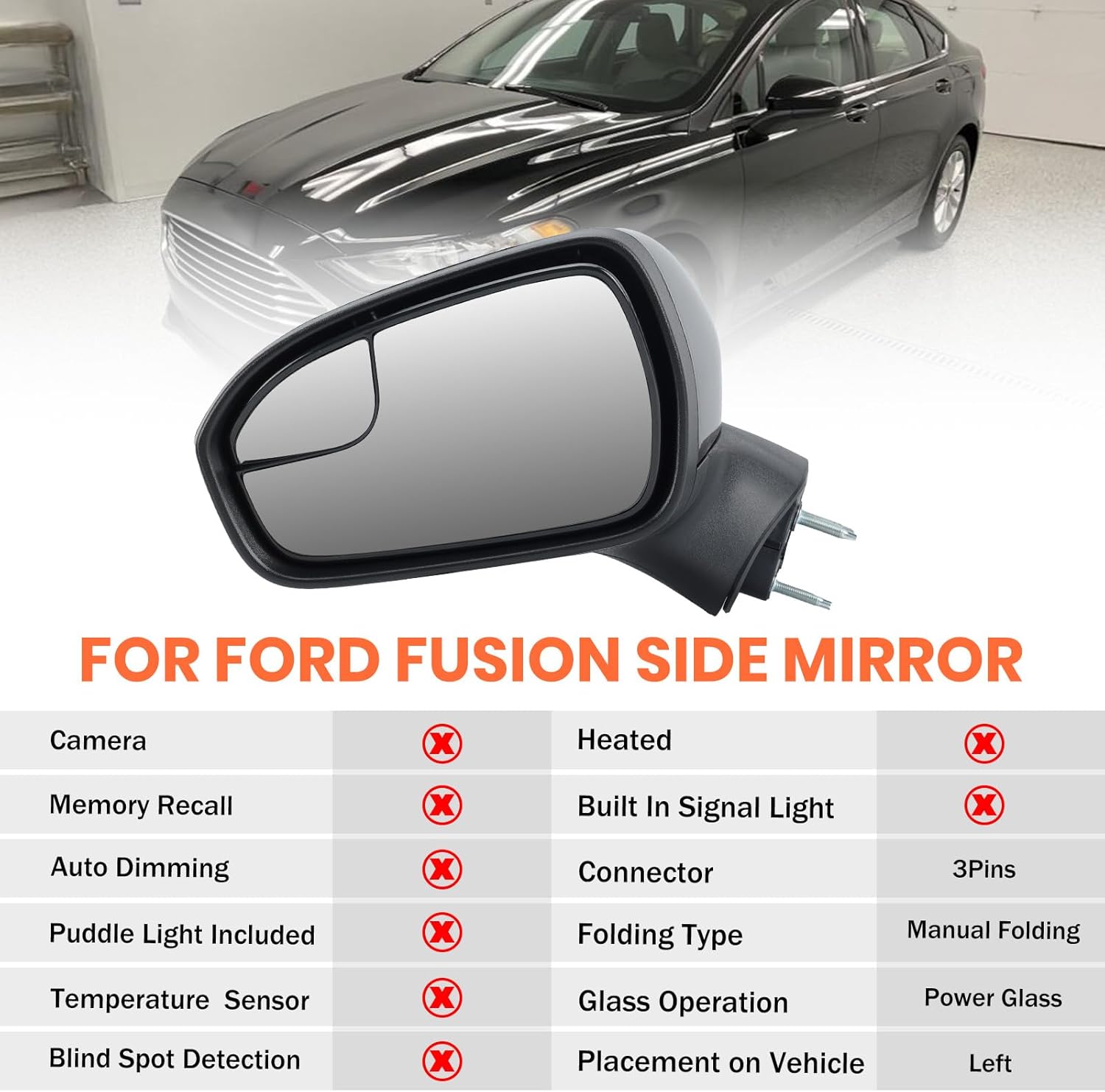 Left Driver Side Mirror Compatible with Ford Fusion 2016 2017 2018 2019 2020 2021 2022 Mirrors with Power Manual Folding Black 3Pins