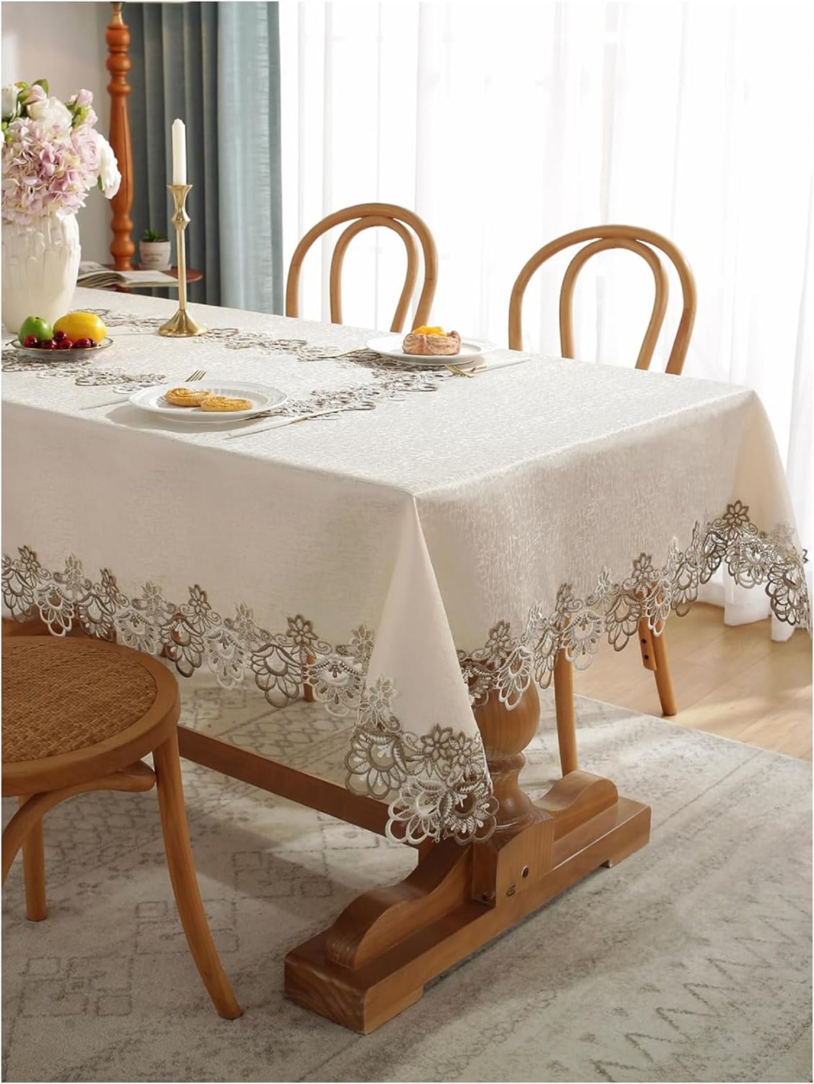 MONKDECOR Beautiful Plain Lace Border Design 4 Seater Rectnagular Dining Table Cover, Grey Color, 52 * 76 Inches