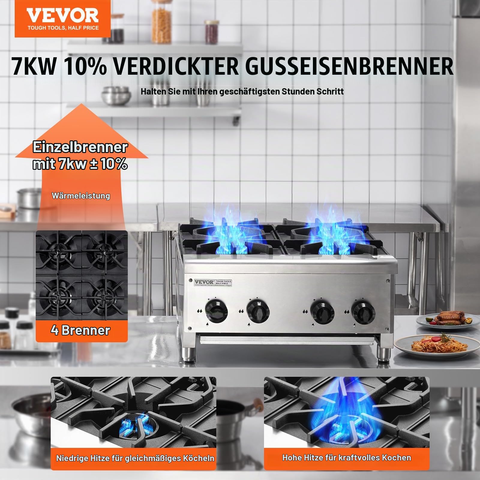 VEVOR Kommerzieller Gasherd Gaskochherd mit 4 Gaskochfelder, Propan/Erdgas-Kochherd Edelstahl-Gaskochplatte, kommerzielles Kochgerät 610 x 775 x 335 mm für Restaurants Hotel Café 28 kW
