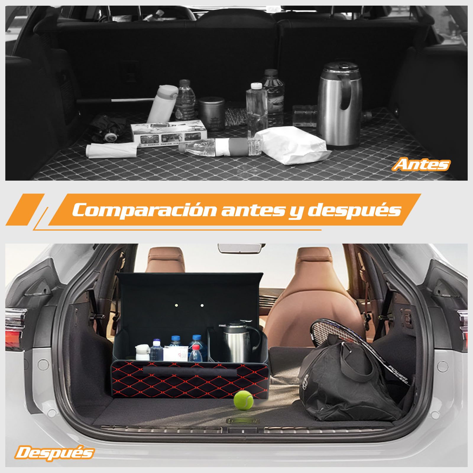 Ergocar Maletero Organizador para Coche Cuero de Lujo PU Almacenamiento Bolsa Impermeable Plegable Organizador para Auto/SUV/Camión (Negro Rojo-L)