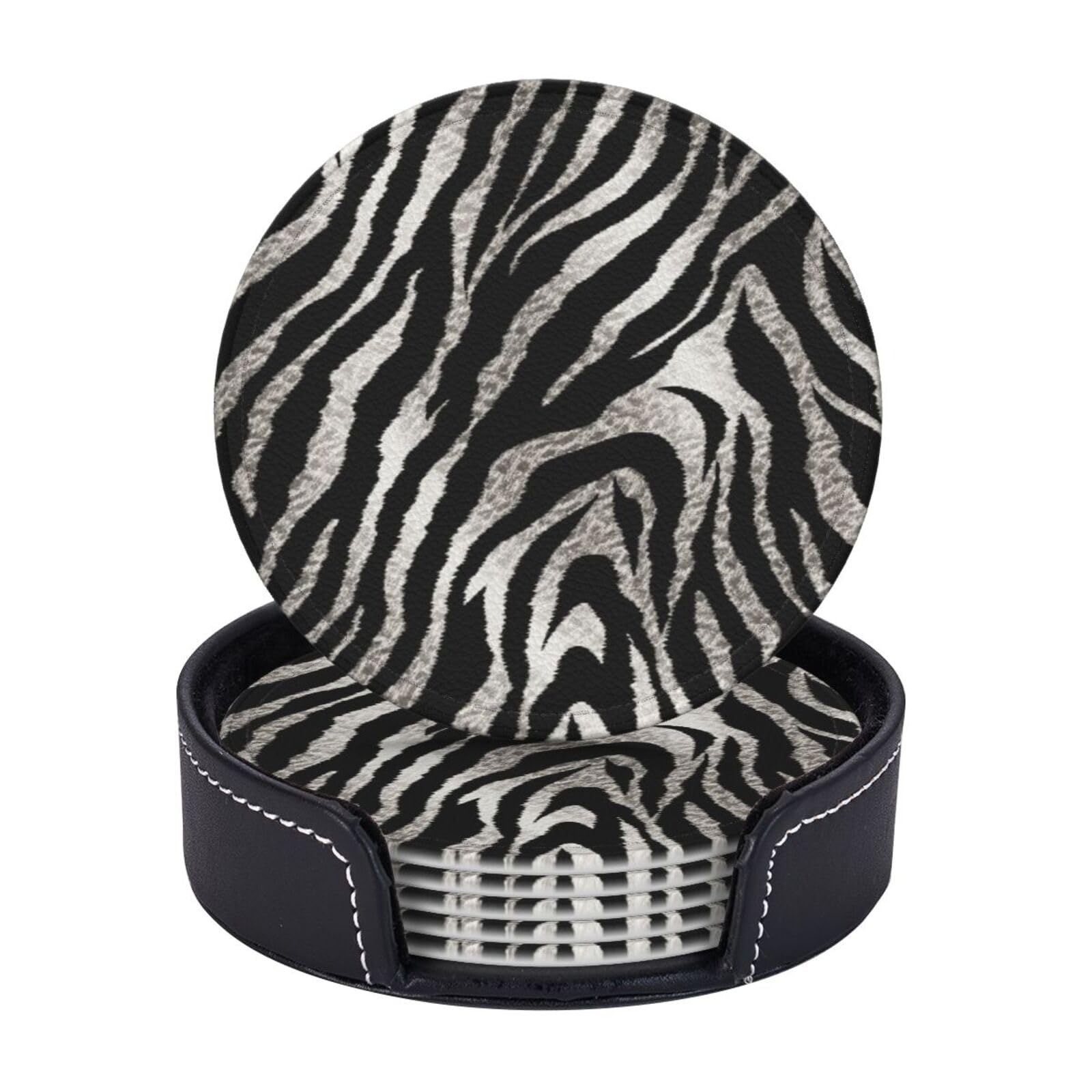 Round Coasters for Drinks Set of 6 - PU Leather Coasters with Holder - Modern Drink Coasters for Coffee Table - Black and White Zebra Print Coaster for Tabletop Protection 4" Cup Mat Pad