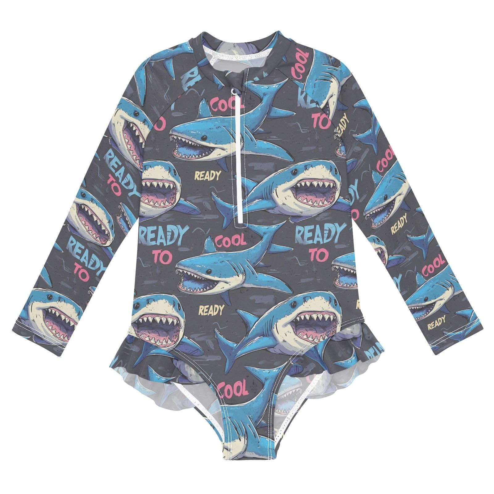 ALAZA Swimsuit for Girls Long Sleeve Rashguard Bathing Suit Cool Shark Quick Dry 4T
