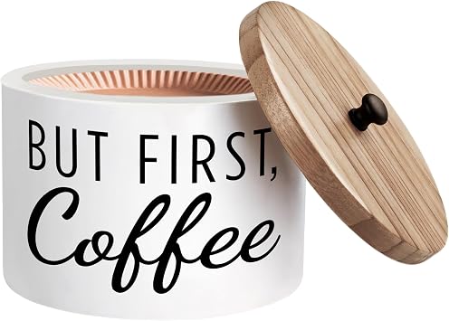 Coffee Filter Holder with Solid Wood Lid - But First, Coffee Farmhouse Storage Canister | Fits Basket, Cone and Flat Bottom Filter Types - Organizer for Counter and Bar Decor