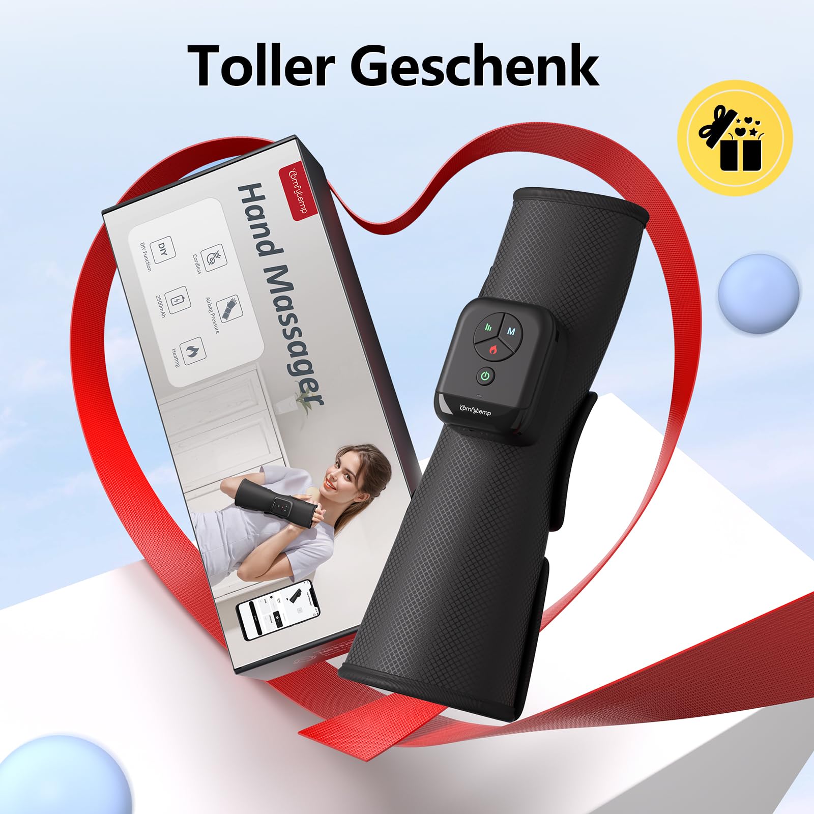 Comfytemp 3-in-1 Handmassagegerät Kabelloses Luftkompression Massage für Handfläche Handgelenk Unterarm,Heizung Massagegerät mit DIY Kontrolle per Knopfdruck und App 2500mAh Akku （1 Stück）