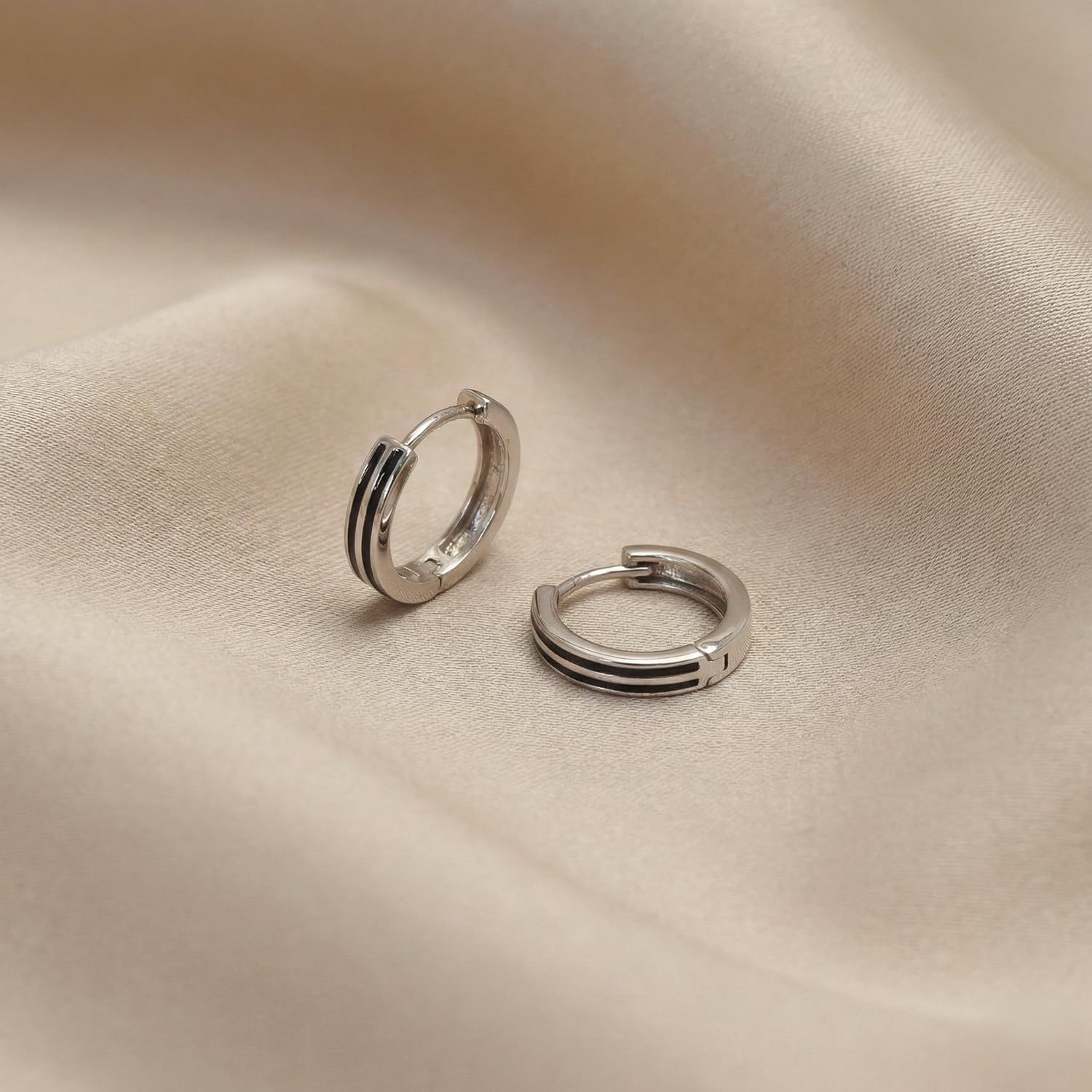 LeCalla 925 Sterling Silver Men's Huggie Hoop Earrings | Viking Celtic Knot & Minimalist Black Stripe Design Hoops | Vintage Unisex Silver Hoop Earrings Jewelry Gift