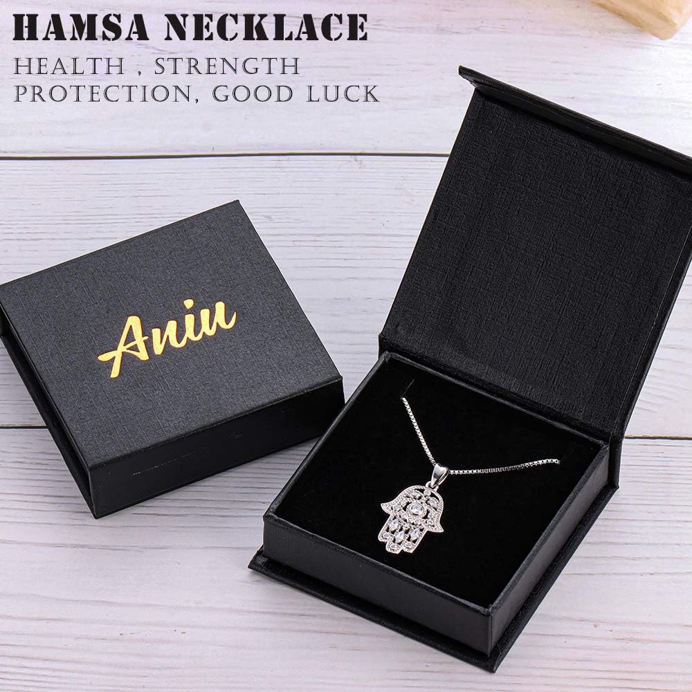 Aniu Mano de Fátima Joyería Plata de Ley 925, Colgante de Mano de Fátima/Pendientes Mano de Fatima/Pulsera Hamsa con Piedra Preciosa para Mujeres y Niñas, con Caja Delicada