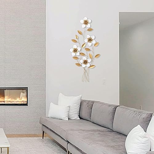 Vista 11 de Asense Decoración de pared de flores de metal de 37 pulgadas, arte de pared de flores blancas y doradas, escultura de hojas colgantes, decoración